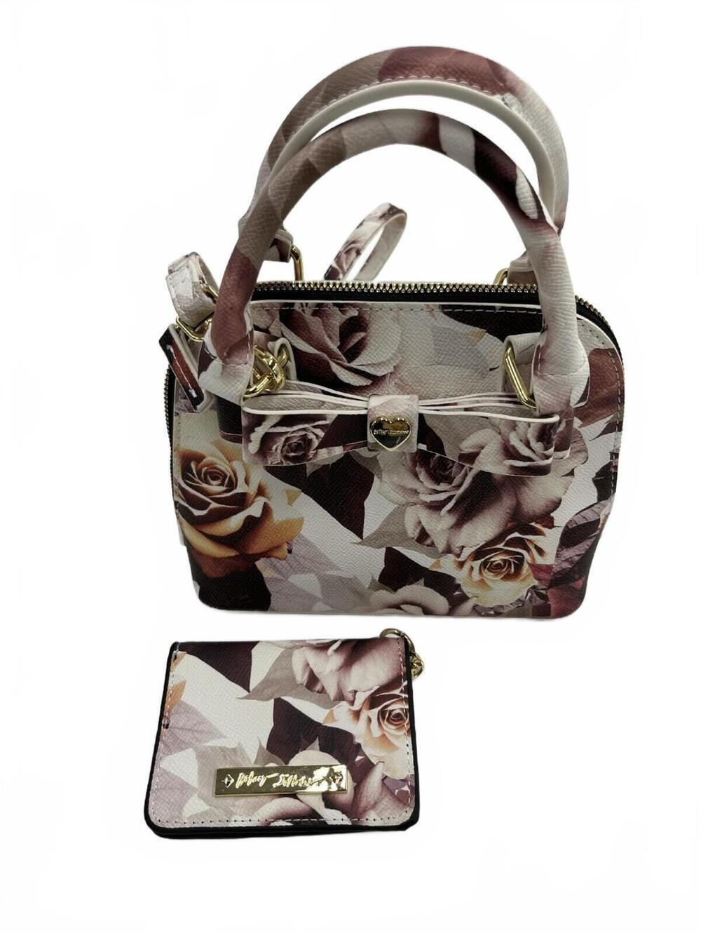 Betsey Johnson Mini Satchel Handbag with Matching Floral ID Keychain Wallet